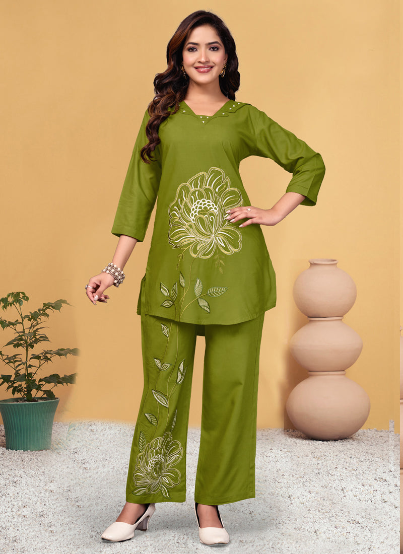 Prazu Fashion Parrot Green Viscose Rayon Embroidery Thread Work Co-Ords Set 