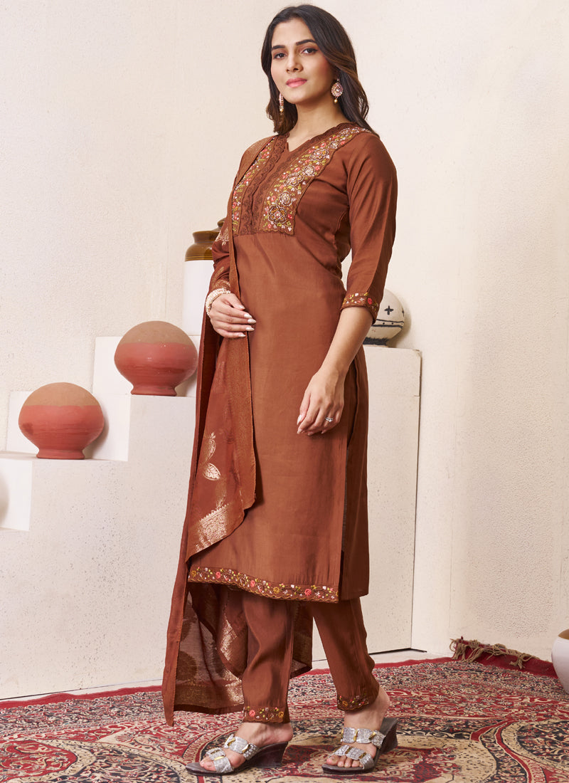 Prazu Fashion Brown Roman Silk Embroidered Sequence Work Kurta Set