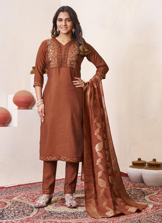 Prazu Fashion Brown Roman Silk Embroidered Sequence Work Kurta Set