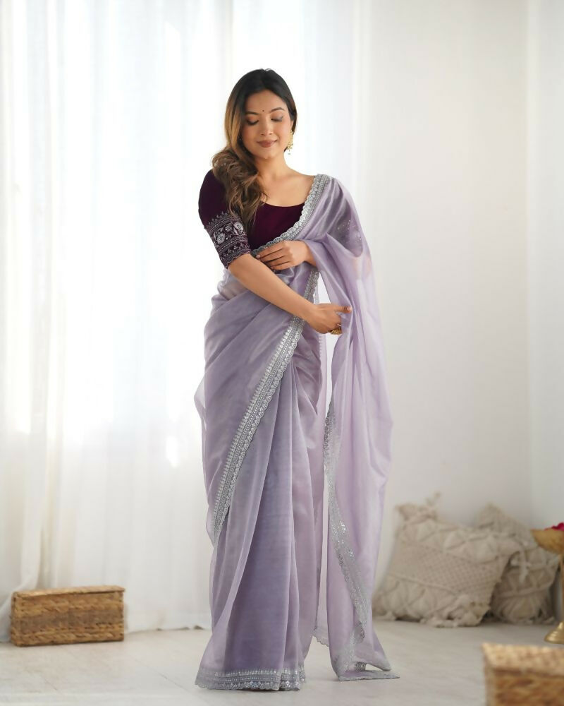 Attrctive Looking Gold Jari, Sequance Embroidery Work Twill Net Party Wear Saree - Lavender