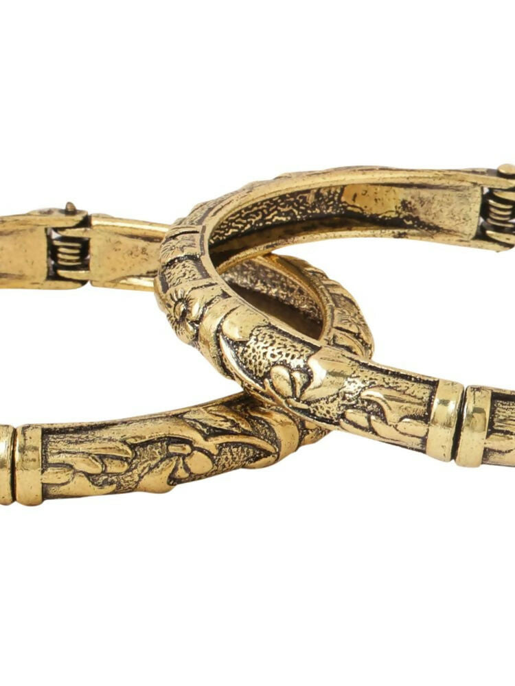 NVR Women Set of 2 Gold-Polished Floral Design Oxidised Bangles 