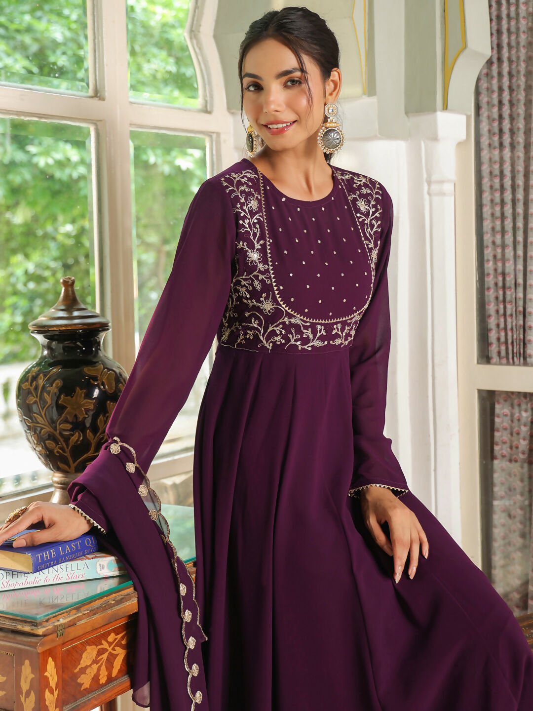Janasya Purple Georgette Embroidered Kurta,Bottom & Dupatta 