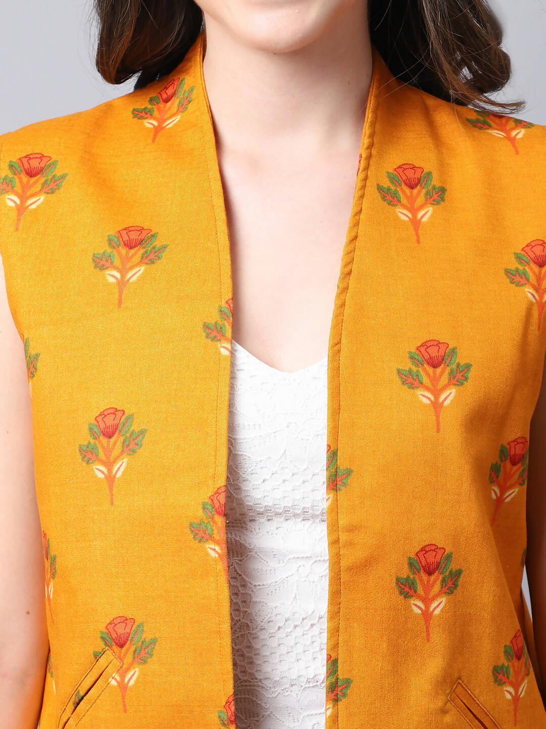 Even Apparels Yellow 100% Viscose Rayon Open Front Gillet (BF009) 
