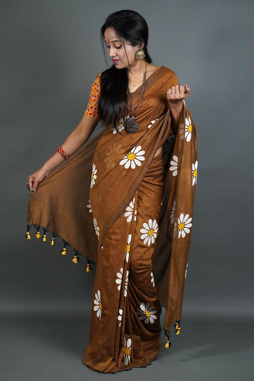 Exclusive Collection Brown Pure Cotton Grab2Buy With Sunflower Design 