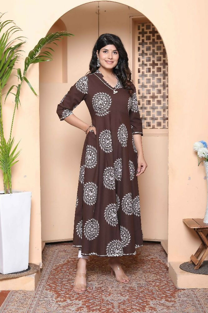 Miravan Womens Printed V-Neck Cotton Anarkali Kurta Brown