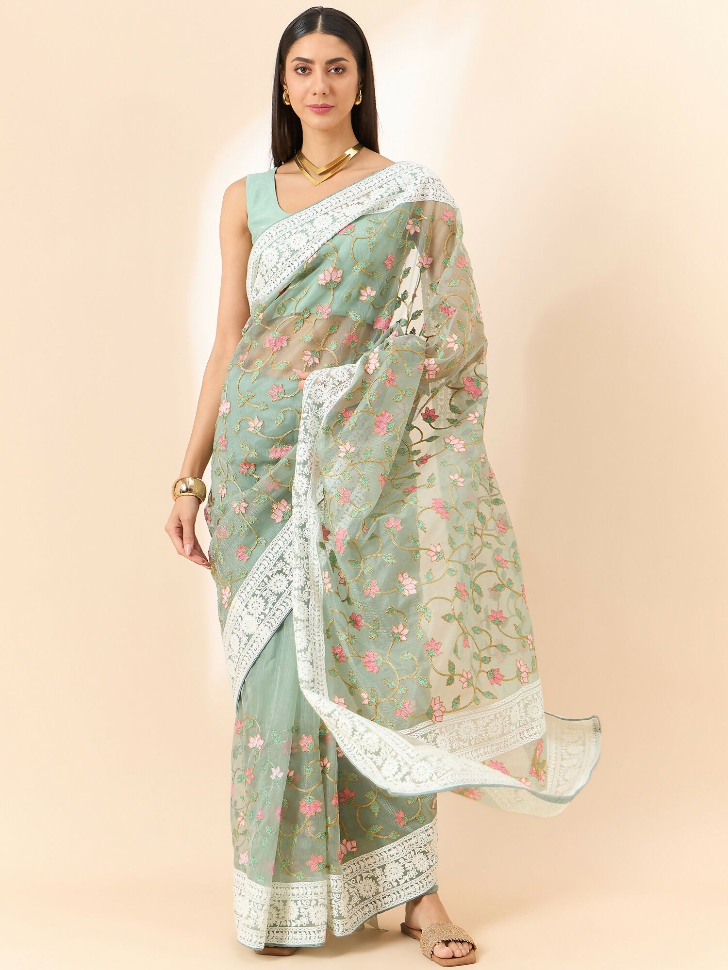 Green Organza Floral Embroidered Saree with Unstitched Blouse Piece - Roozal