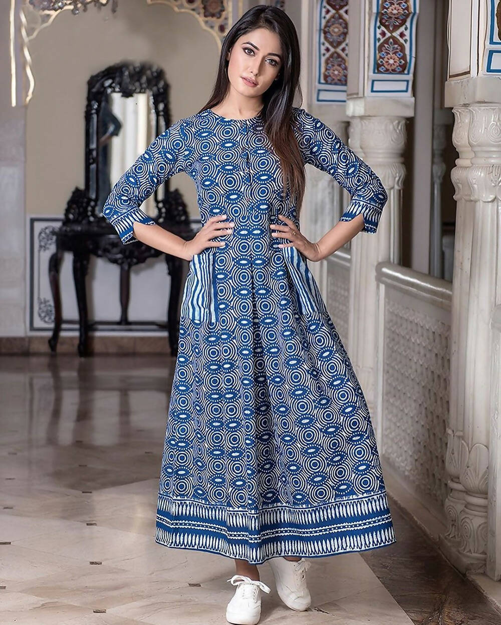 Partywear Designer Steel Blue Pure Maslin Gown - Anbazaar