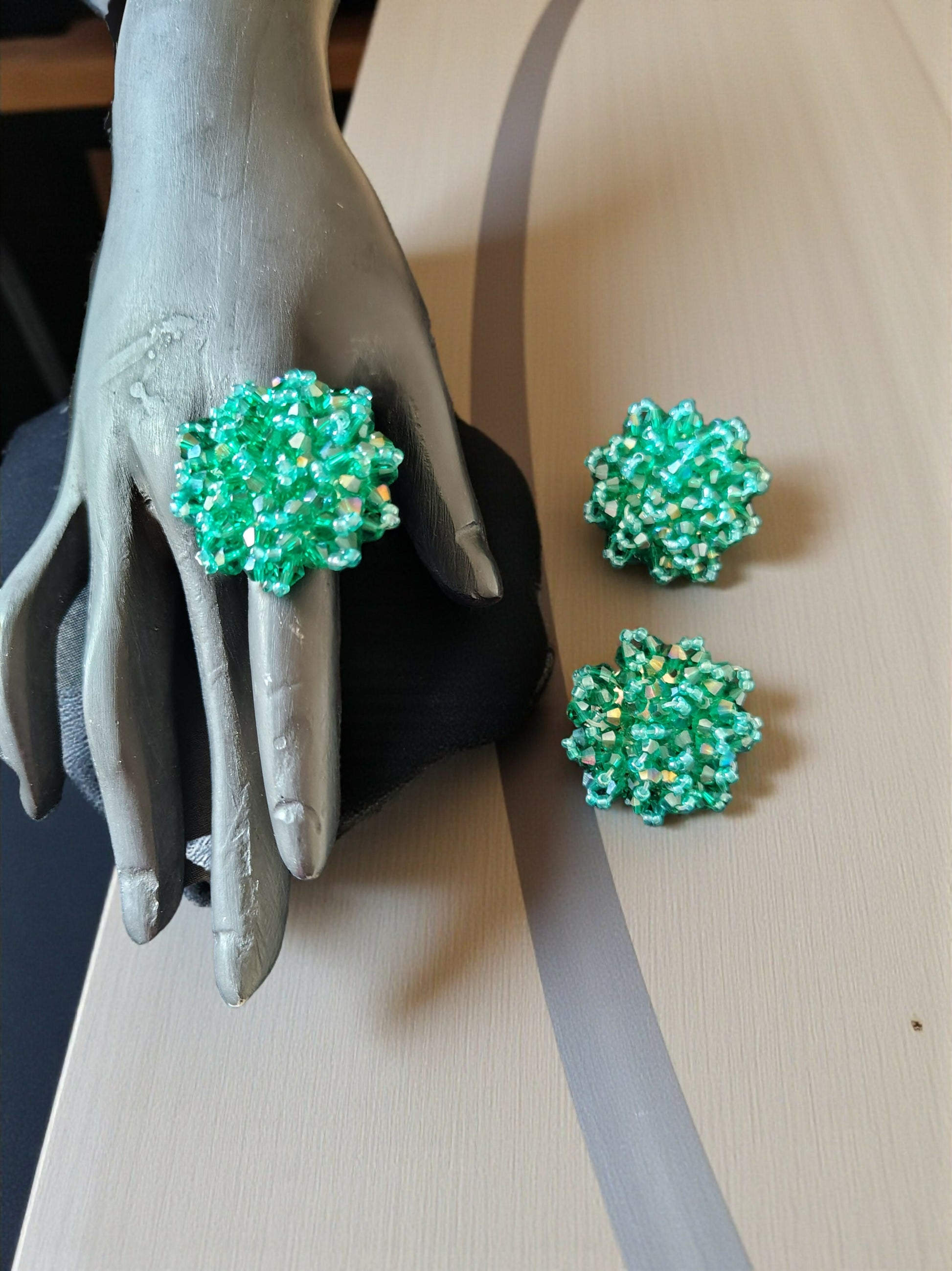Inhanns Rangmani Crystal Duo – Adjustable Ring + Statement Earrings Set - Sea Green