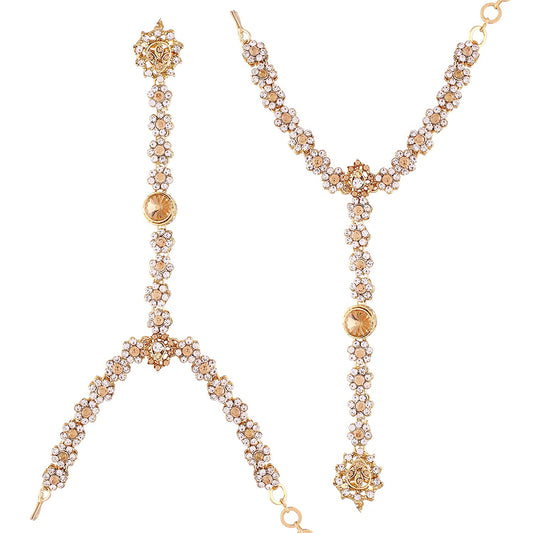 kundan and Pearl Bracelet with Pearl Chain Ring handchain Hath phool for Women - Wahe Jewels