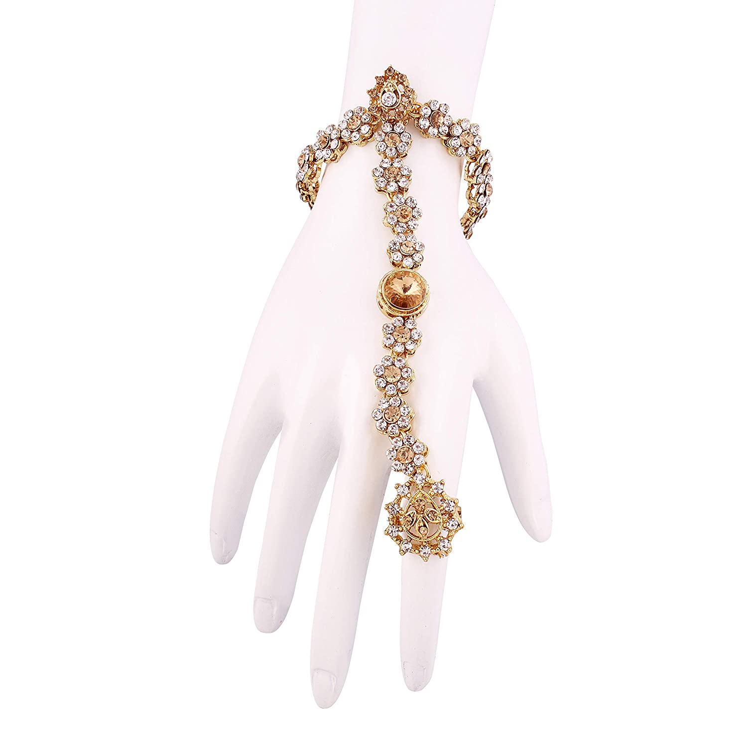 kundan and Pearl Bracelet with Pearl Chain Ring handchain Hath phool for Women - Wahe Jewels 