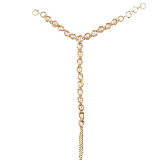 Traditional Gold-Polished Kundan Hath Punja Adjustable Chain Bracelet with Ring for Women - Wahe Jewels 