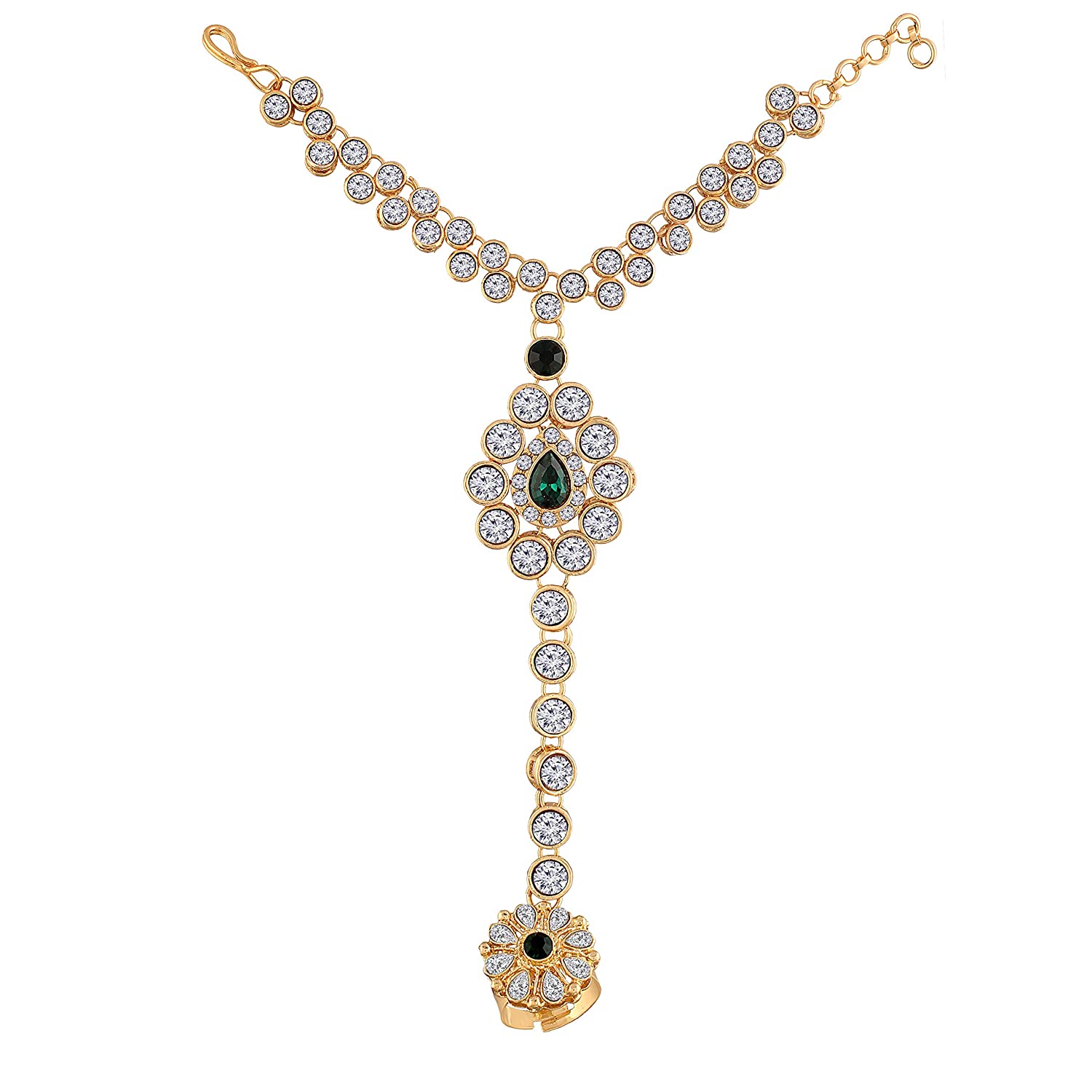 Traditional Gold-Polished CZ Haath Phool/Panja/Adjustable Bracelet with Ring for Women - Wahe Jewels | Grab2Buy
