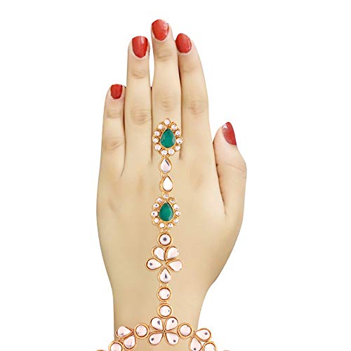 Traditional Gold-Polished Kundan Haath Phool/Panja/Adjustable Bracelet with Ring for Women - Wahe Jewels 