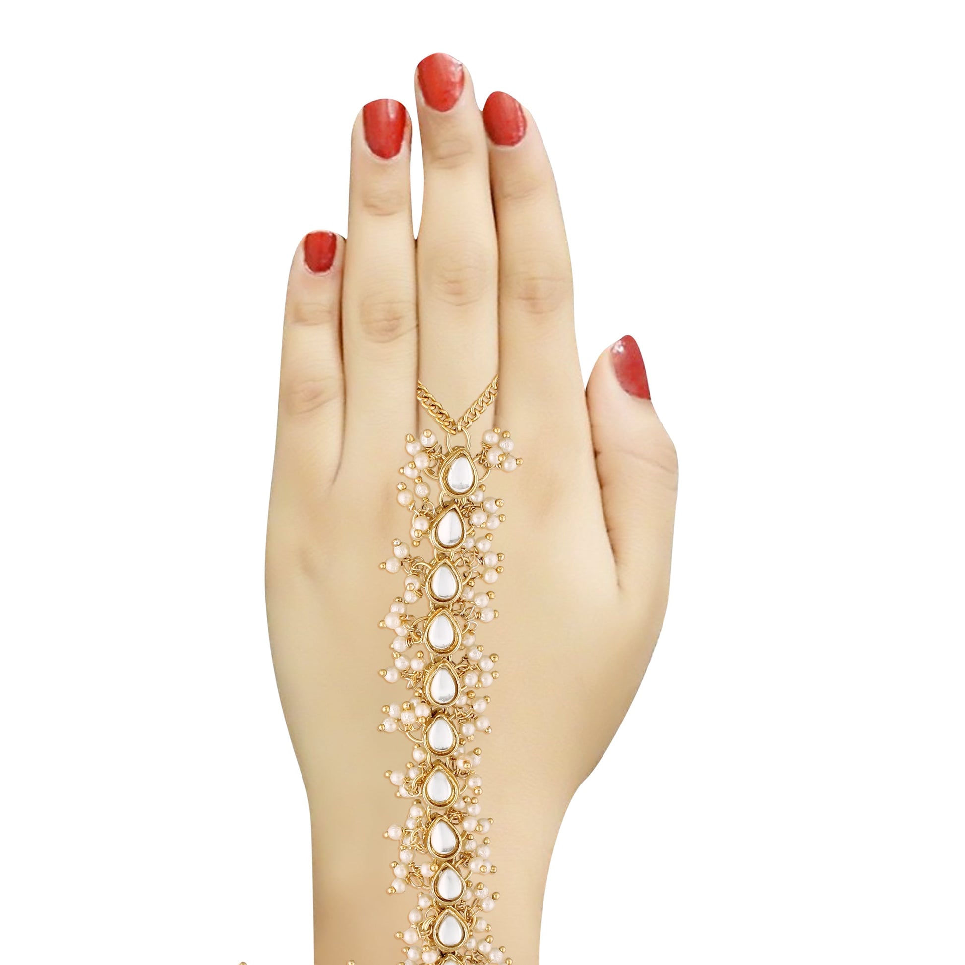 Traditional Gold-Polished Embellish With Kundan & Pearl Adjustable Haath Phool/Panja Bracelet for Women - Wahe Jewels 