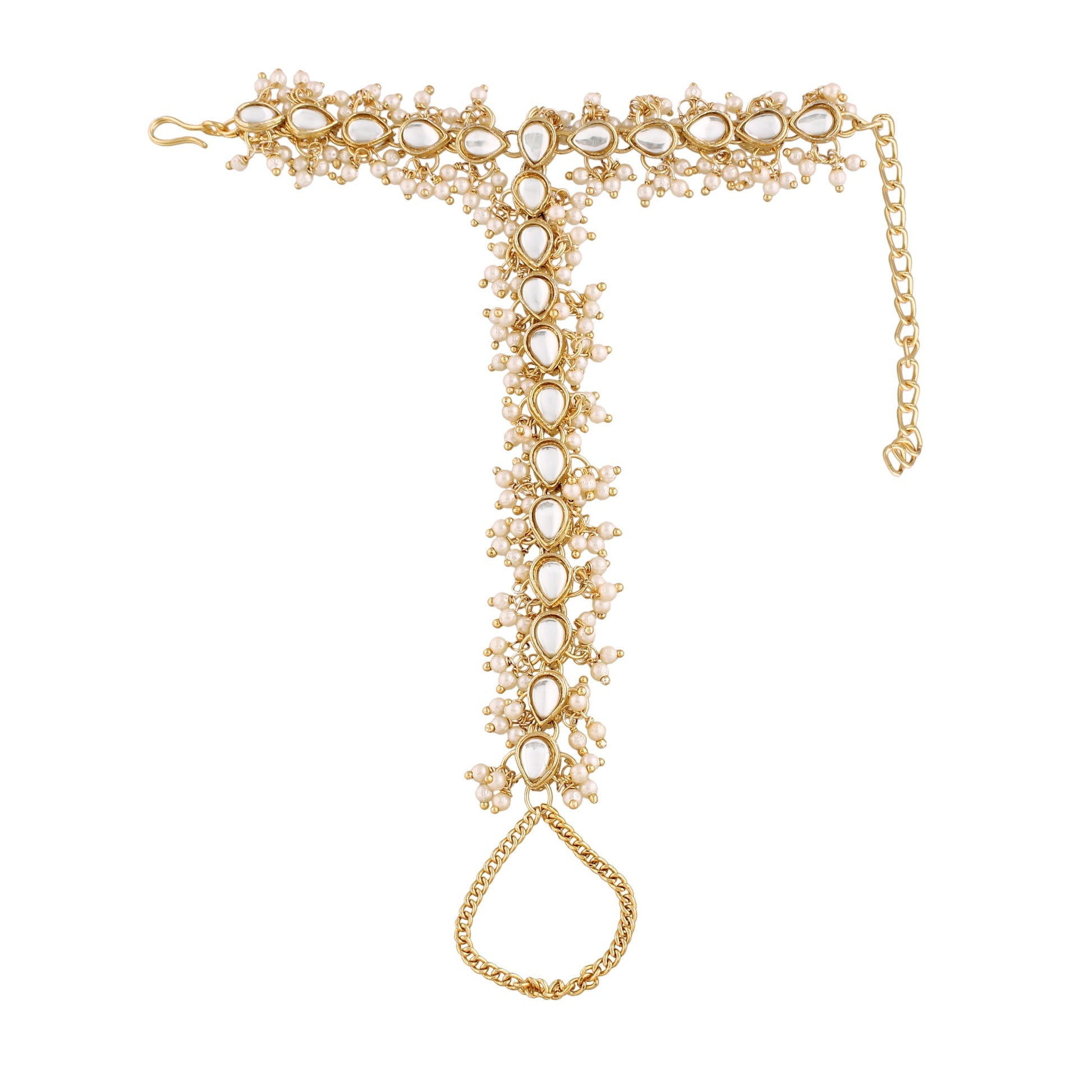 Traditional Gold-Polished Embellish With Kundan & Pearl Adjustable Haath Phool/Panja Bracelet for Women - Wahe Jewels 