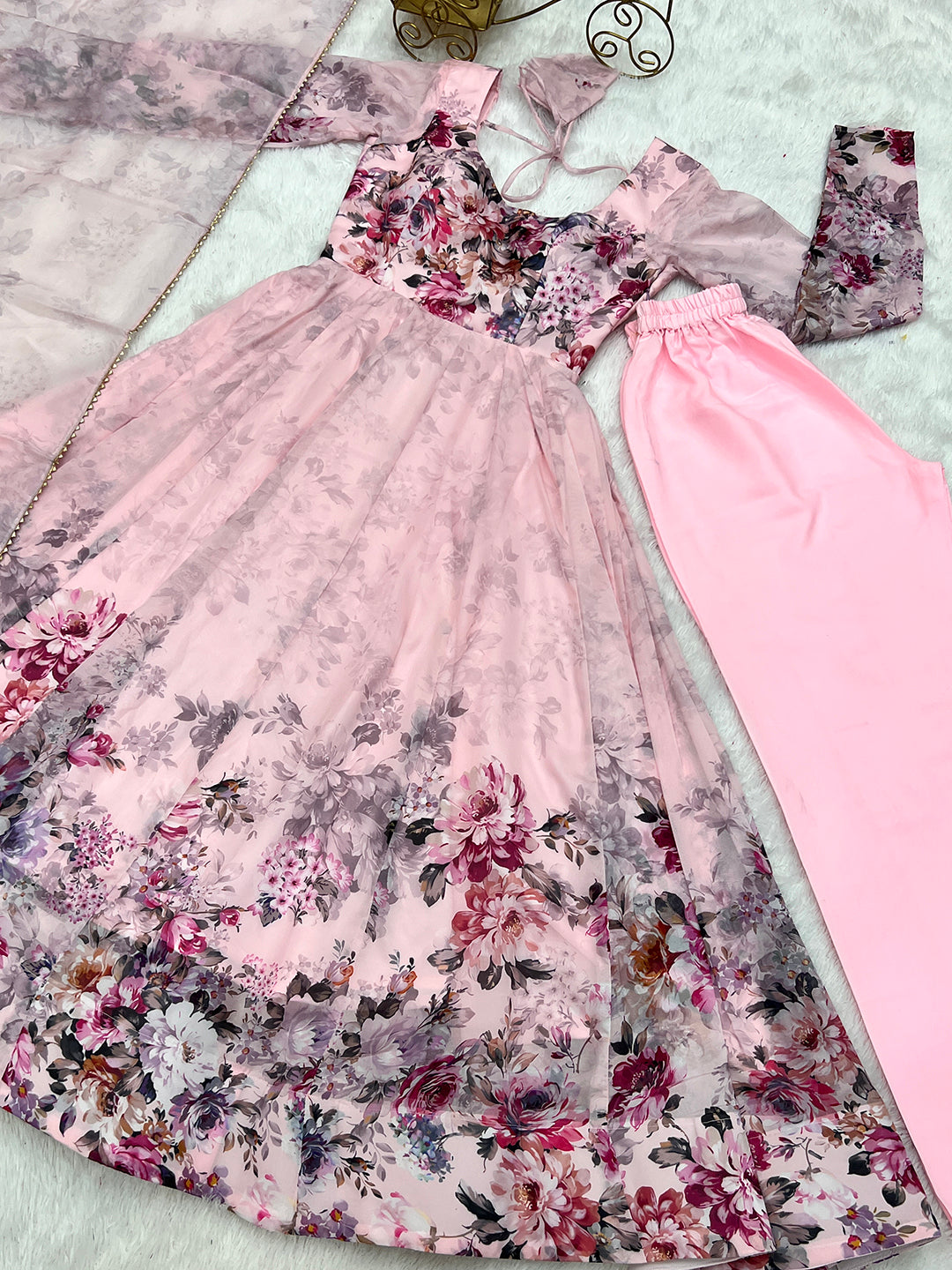 Lorenvalley Fashion Women Pure Soft Organza Silk Floral Print Fully Flair Anarkali With Pent Dupatta Set - Pink 