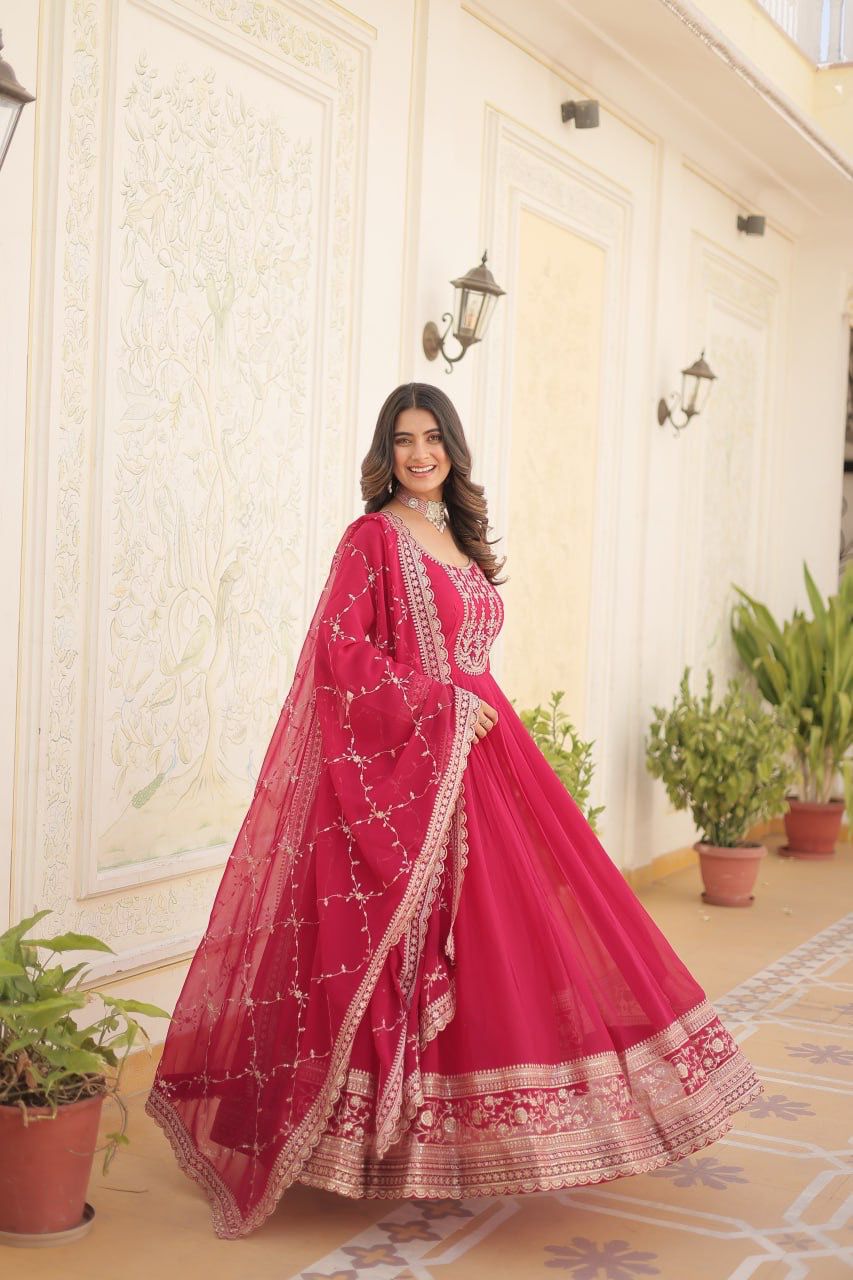 Evanik Pink Faux Blooming Gown with Dupatta With Attractive Embroidered Sequins work