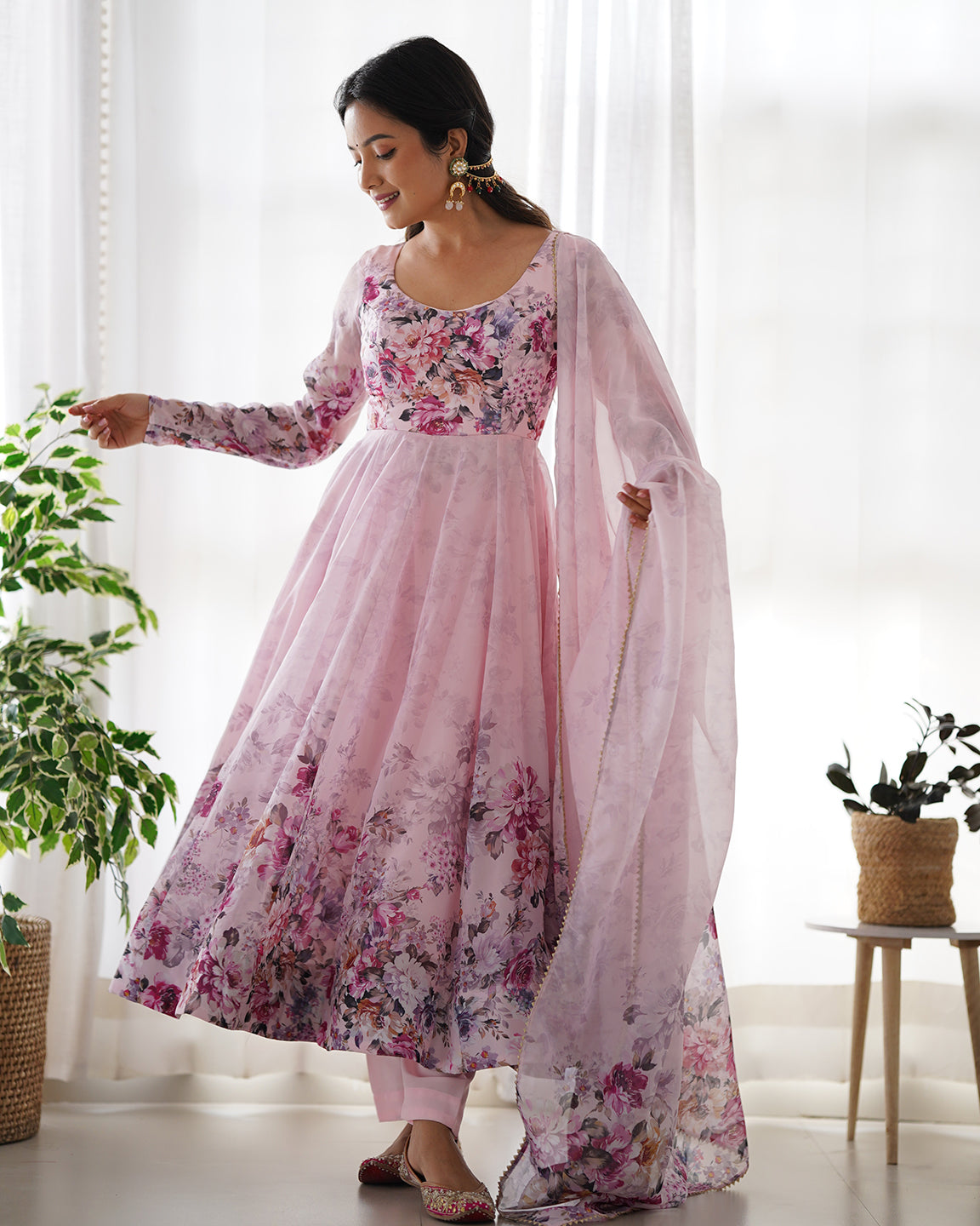 Lorenvalley Fashion Women Pure Soft Organza Silk Floral Print Fully Flair Anarkali With Pent Dupatta Set - Pink 