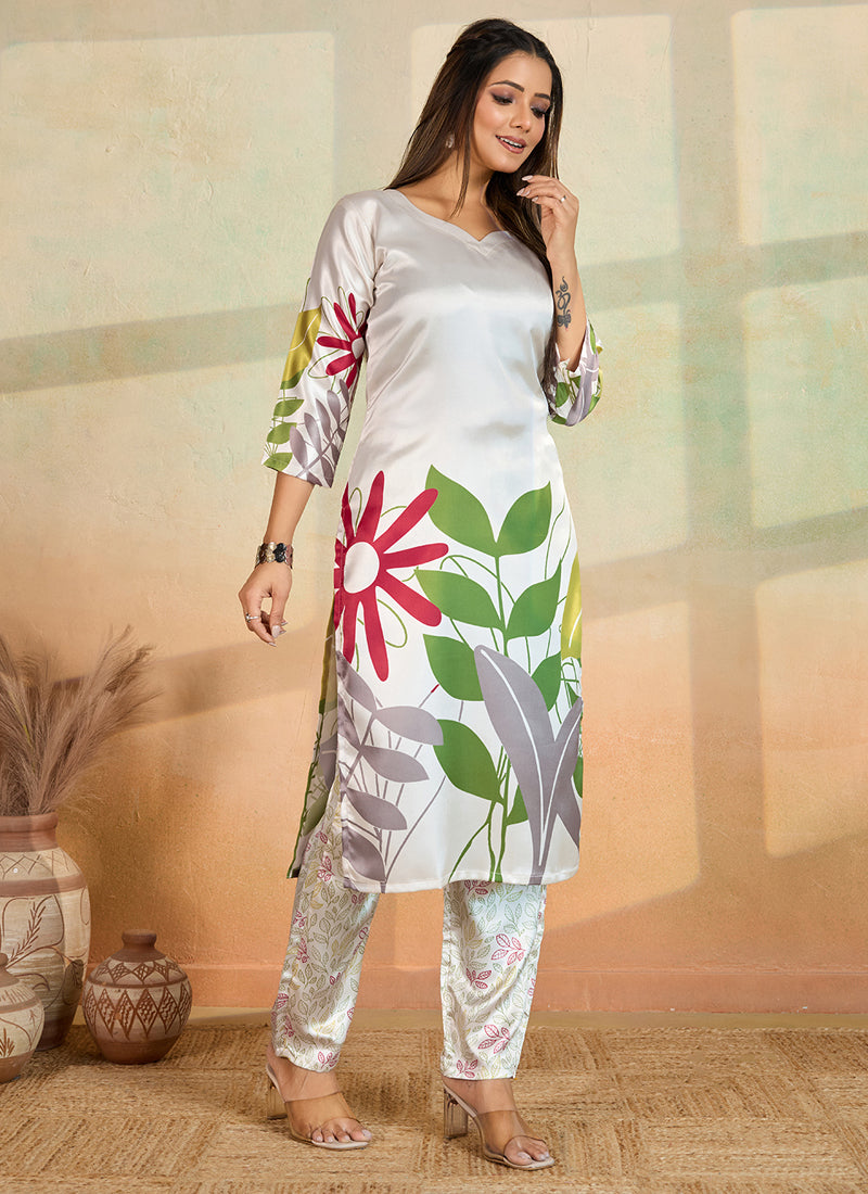 Prazu Fashion Off White Printed Cotton Reyon Kurta Pant Set