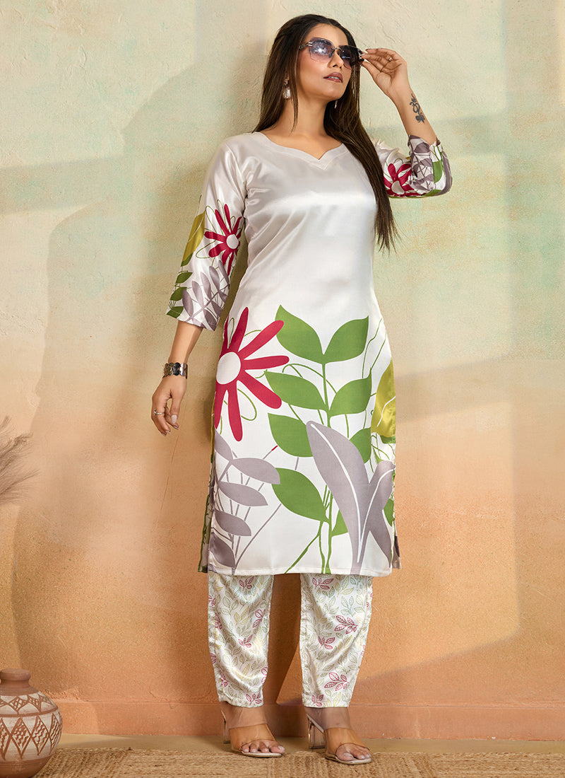 Prazu Fashion Off White Printed Cotton Reyon Kurta Pant Set