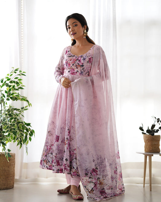 Lorenvalley Fashion Women Pure Soft Organza Silk Floral Print Fully Flair Anarkali With Pent Dupatta Set - Pink 