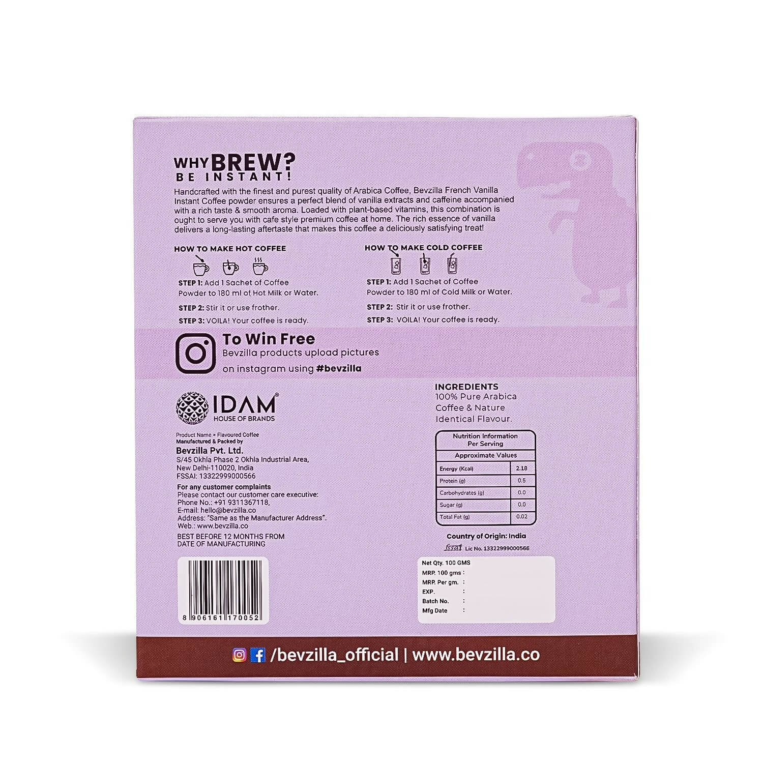 Bevzilla Instant Coffee Powder Sachets (French Vanilla) 