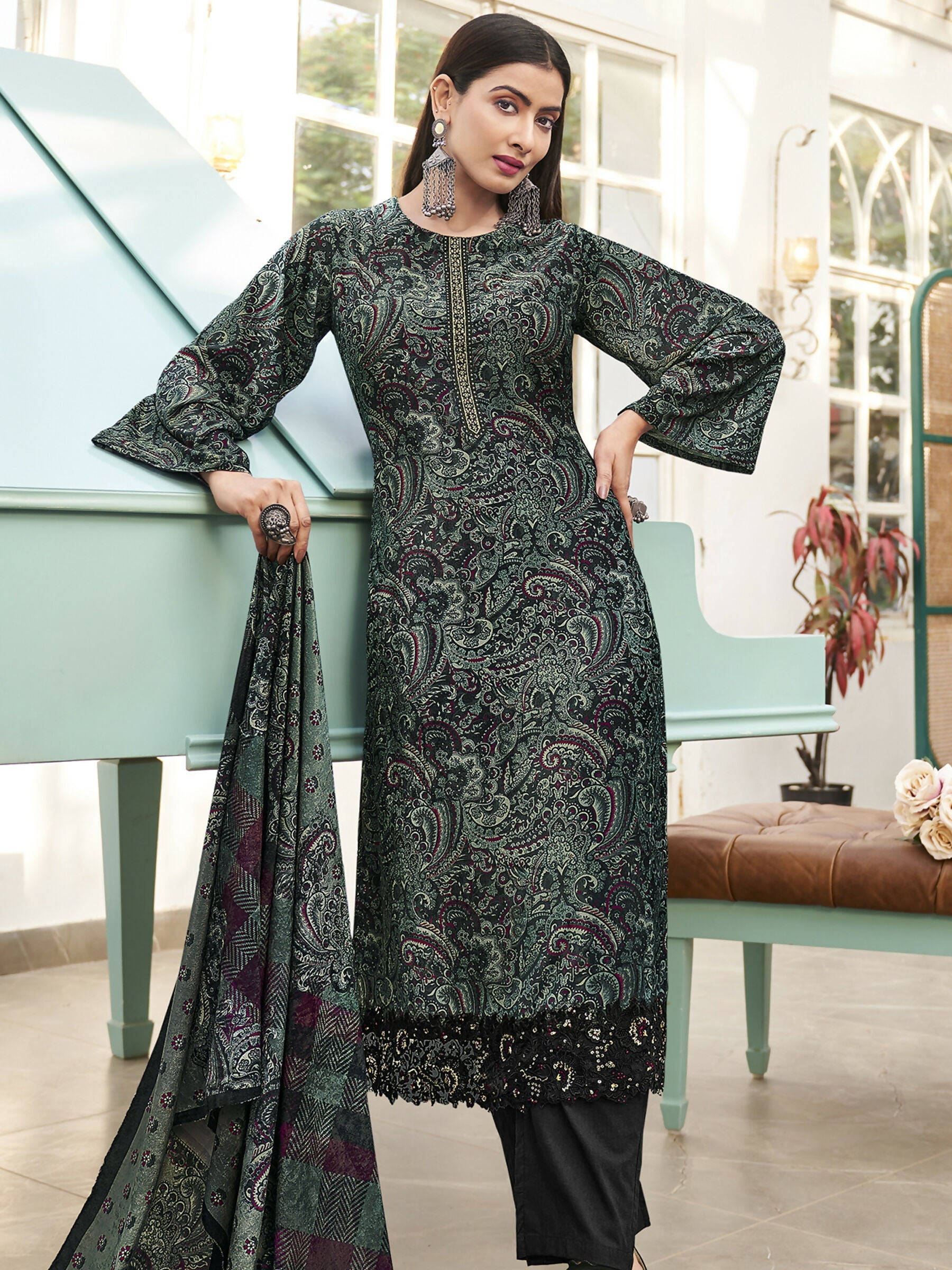 Jyoti Fashion Women's Green Velvet Digital Print with Resham Thread work Kurta with Trouser & Dupatta