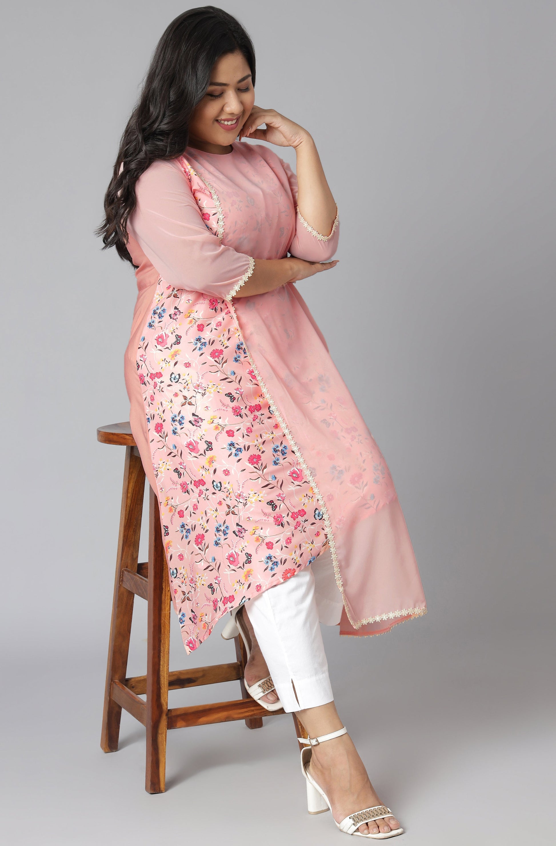 Janasya Women's Pink Poly Crepe Floral Print Casual High Low Kurta 