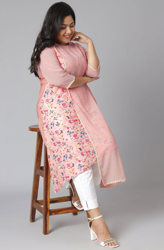 Janasya Women's Pink Poly Crepe Floral Print Casual High Low Kurta 