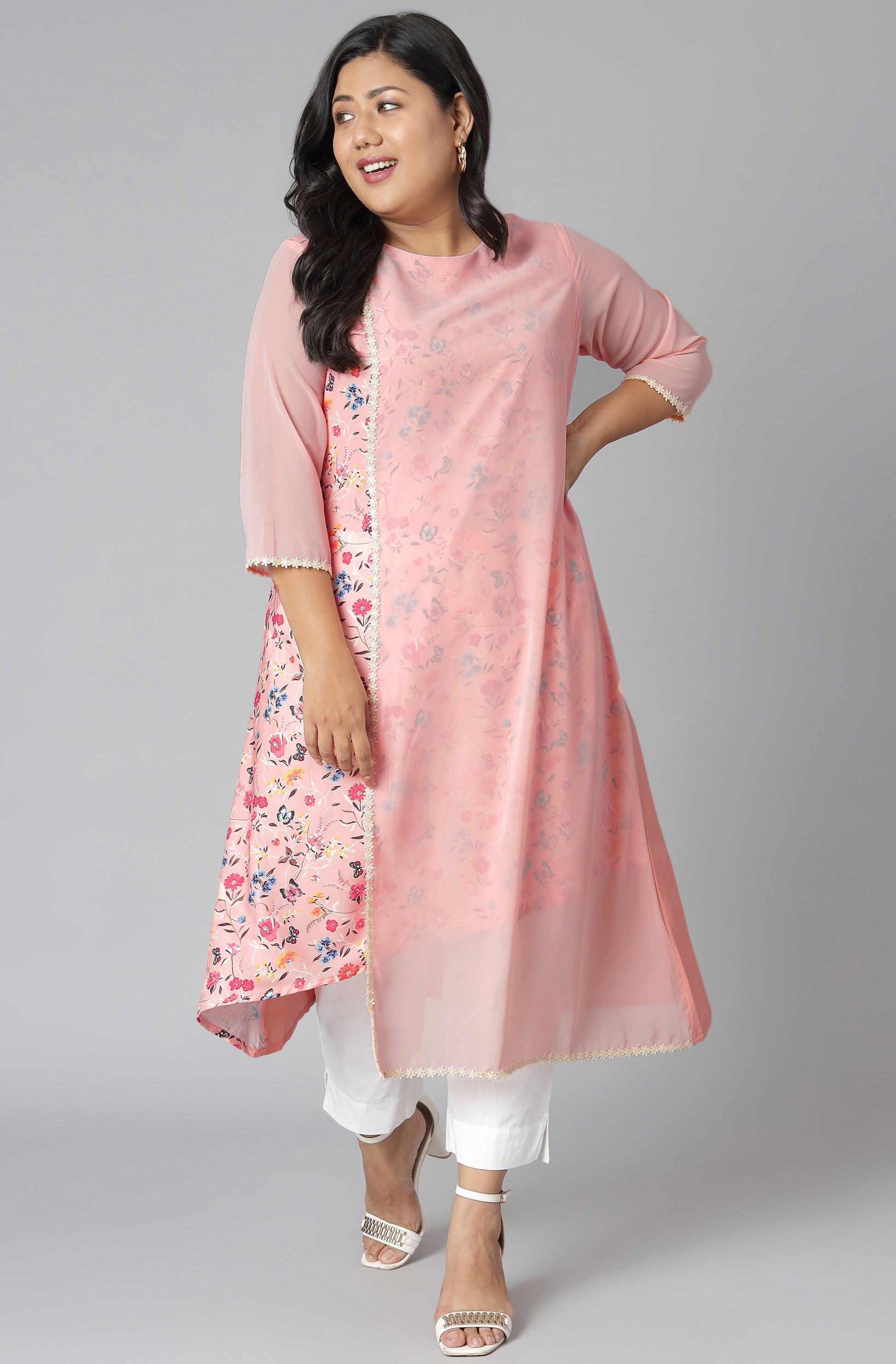 Janasya Women's Pink Poly Crepe Floral Print Casual High Low Kurta 