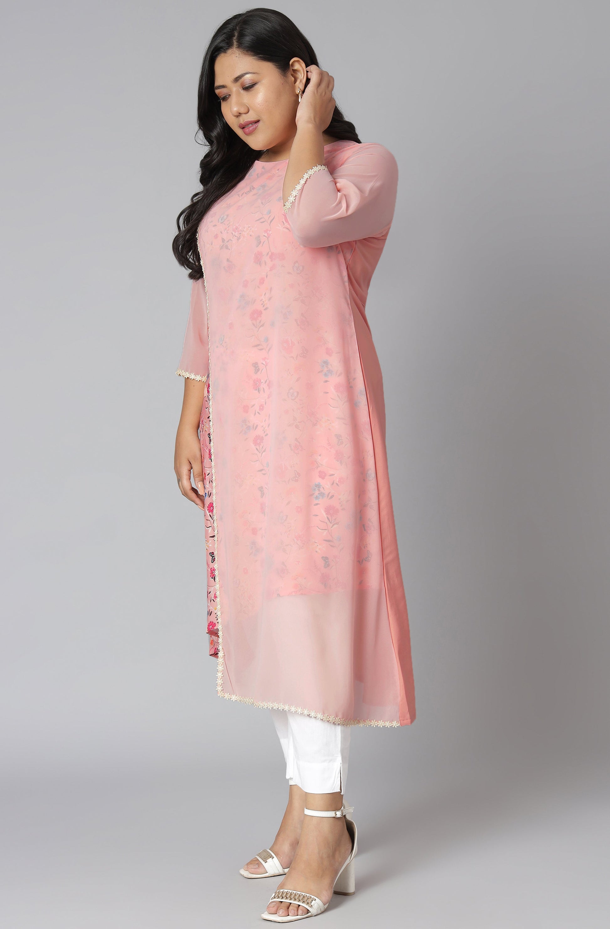 Janasya Women's Pink Poly Crepe Floral Print Casual High Low Kurta 