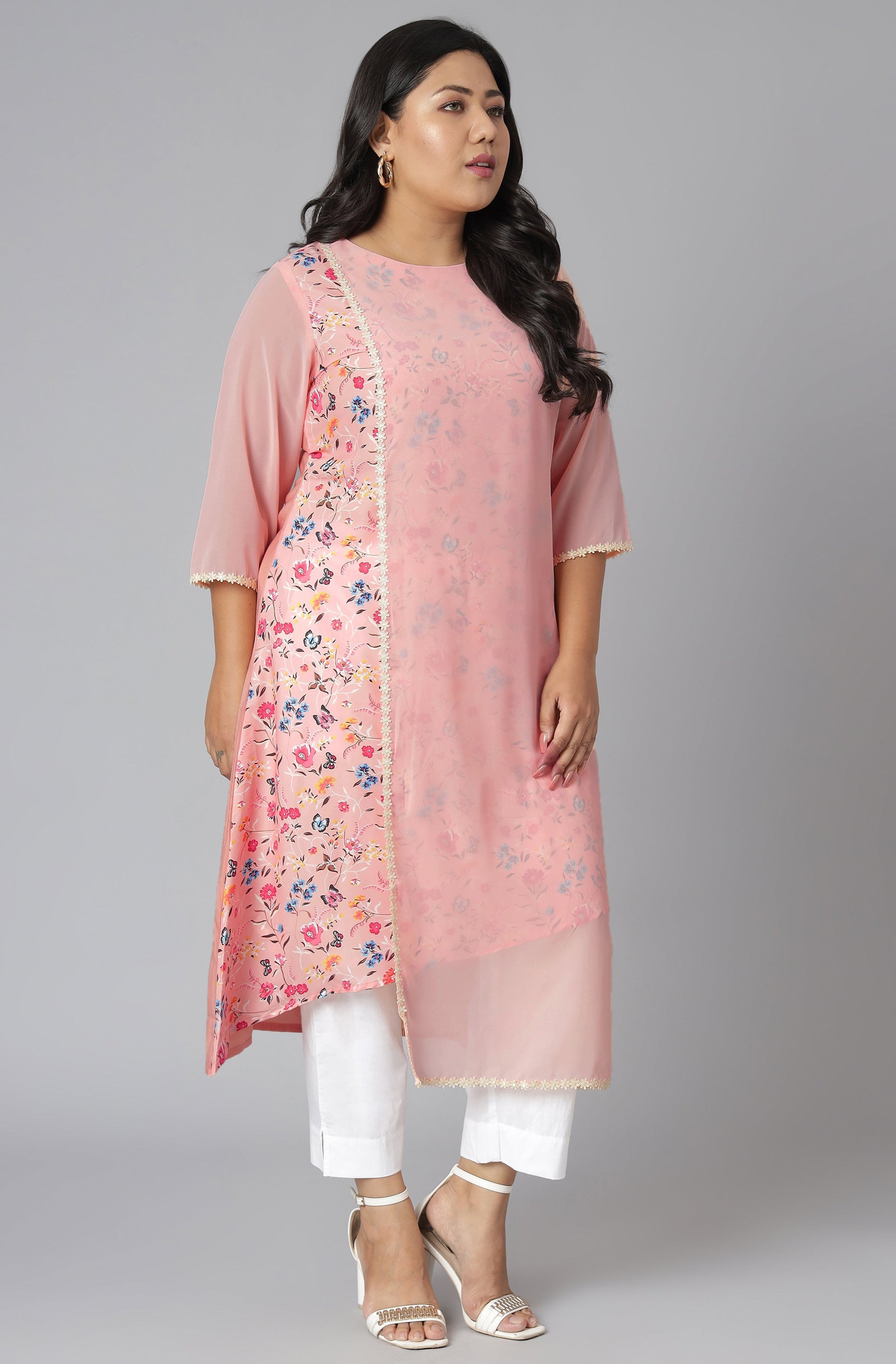 Janasya Women's Pink Poly Crepe Floral Print Casual High Low Kurta 