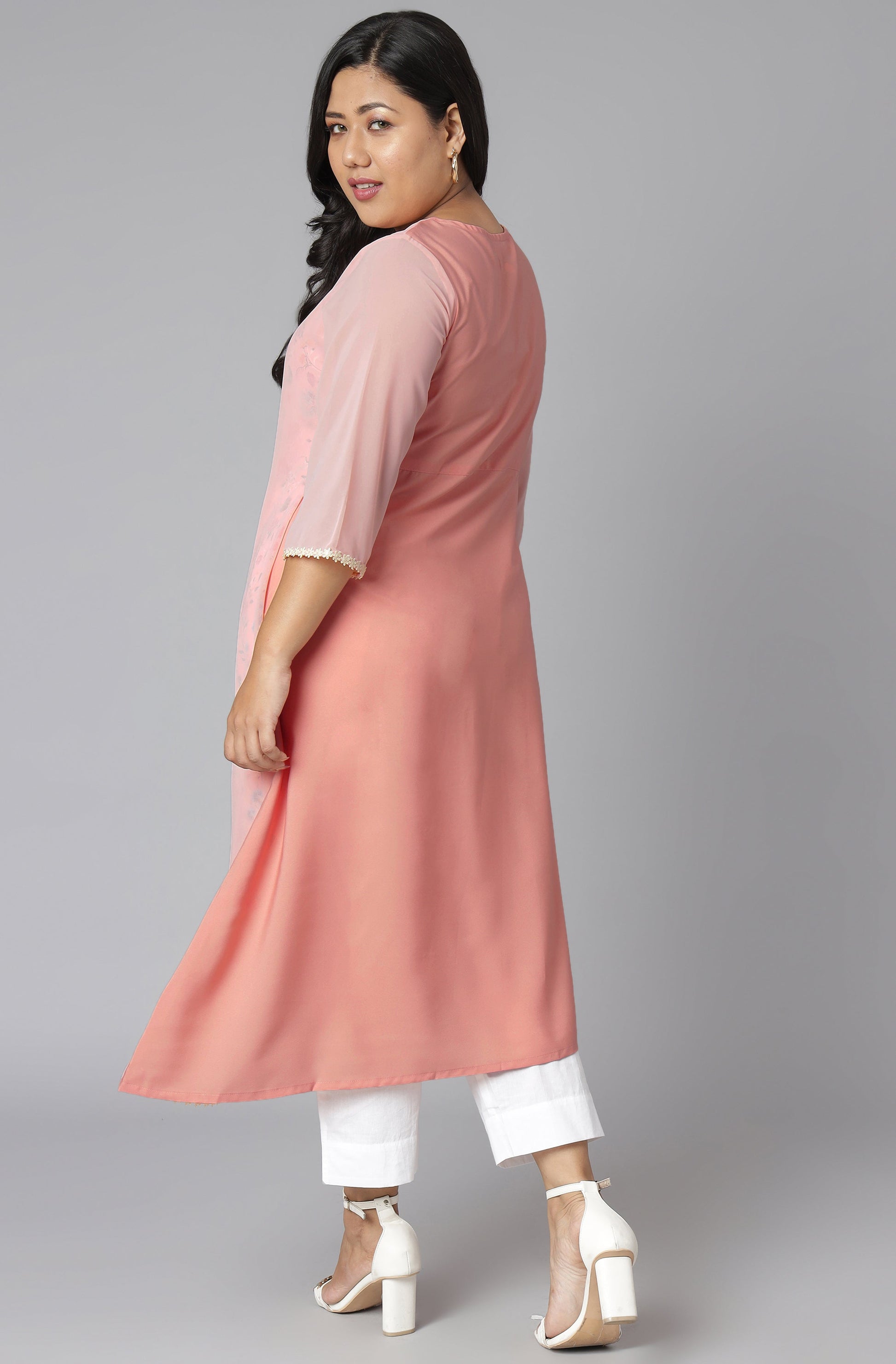 Janasya Women's Pink Poly Crepe Floral Print Casual High Low Kurta 