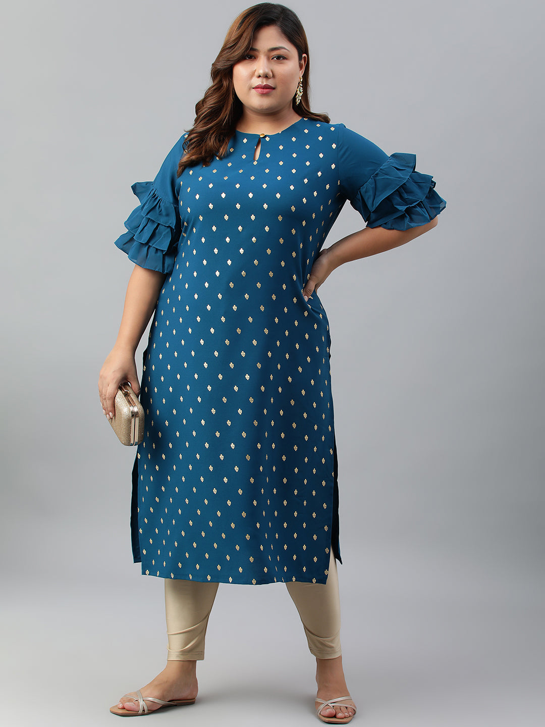 Janasya Women's Teal Poly Crepe Foil Print Casual Straight kurta 