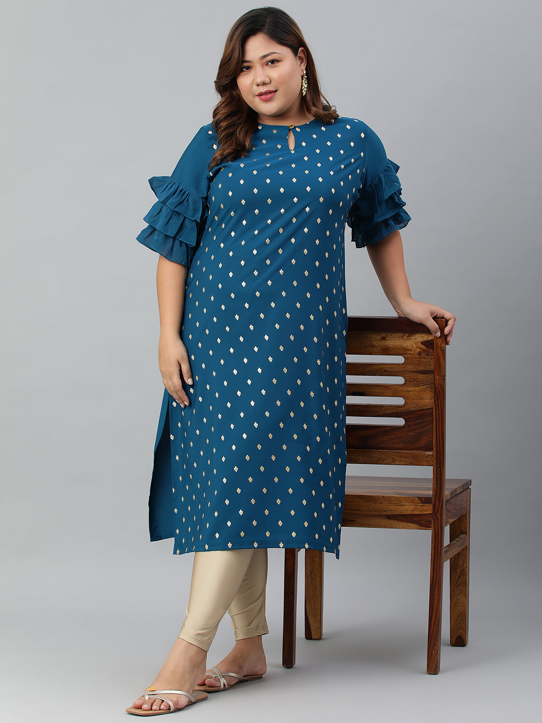 Janasya Women's Teal Poly Crepe Foil Print Casual Straight kurta 