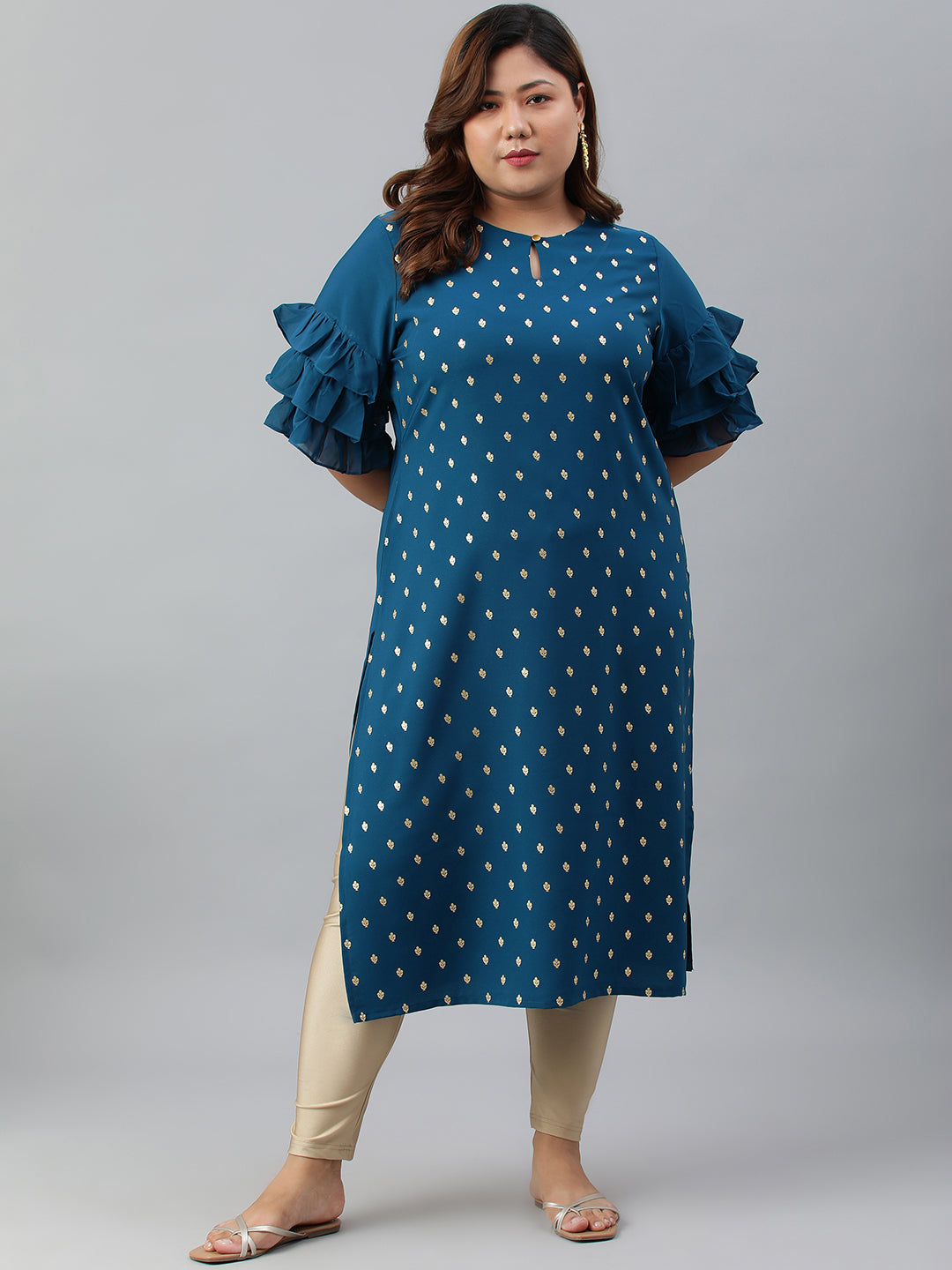 Janasya Women's Teal Poly Crepe Foil Print Casual Straight kurta 