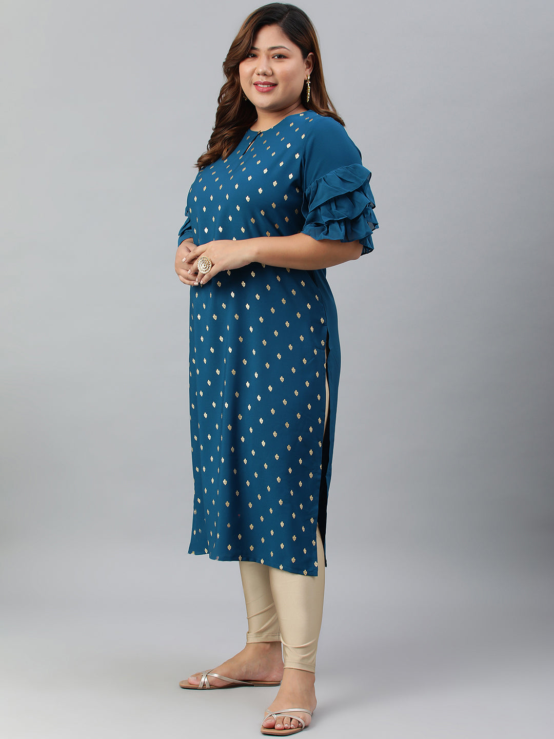 Janasya Women's Teal Poly Crepe Foil Print Casual Straight kurta 