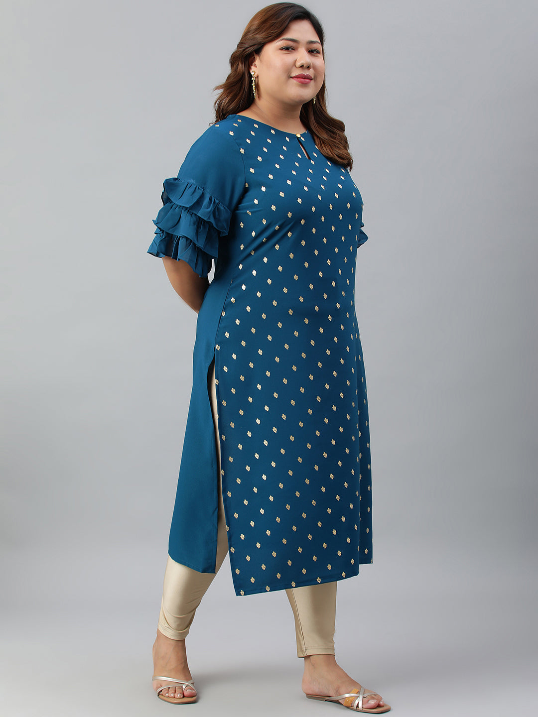 Janasya Women's Teal Poly Crepe Foil Print Casual Straight kurta 