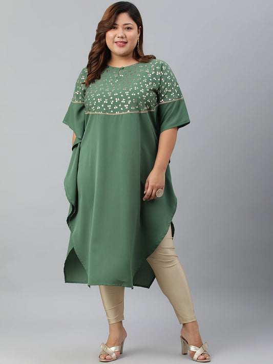 Janasya Women's Green Poly Crepe Foil Print Casual Kaftan kurta 