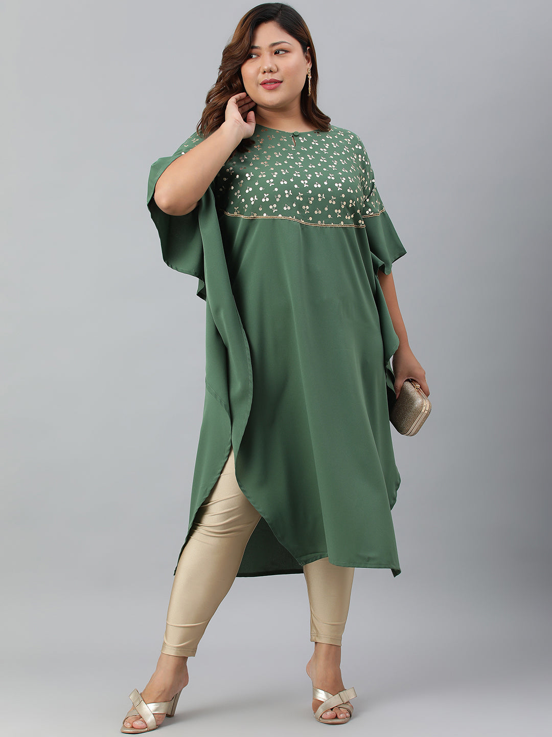 Janasya Women's Green Poly Crepe Foil Print Casual Kaftan kurta 