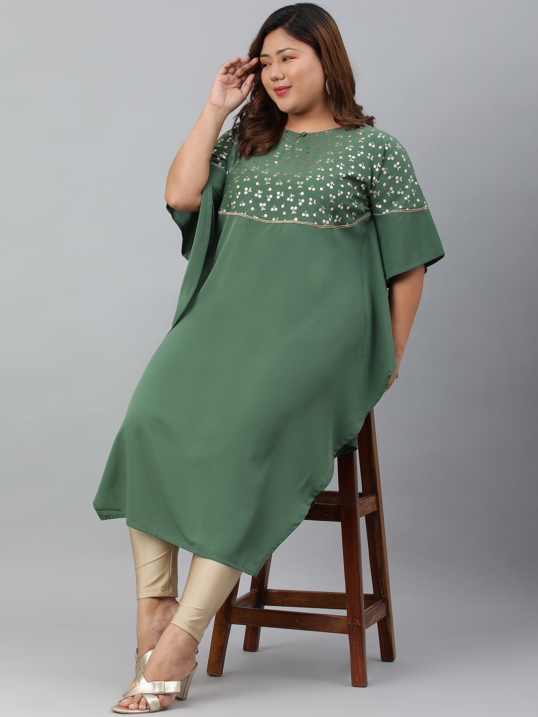 Janasya Women's Green Poly Crepe Foil Print Casual Kaftan kurta 