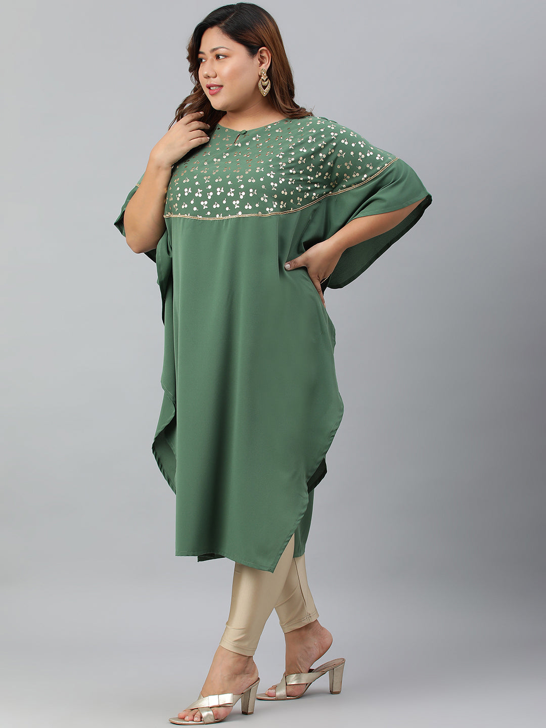 Janasya Women's Green Poly Crepe Foil Print Casual Kaftan kurta 