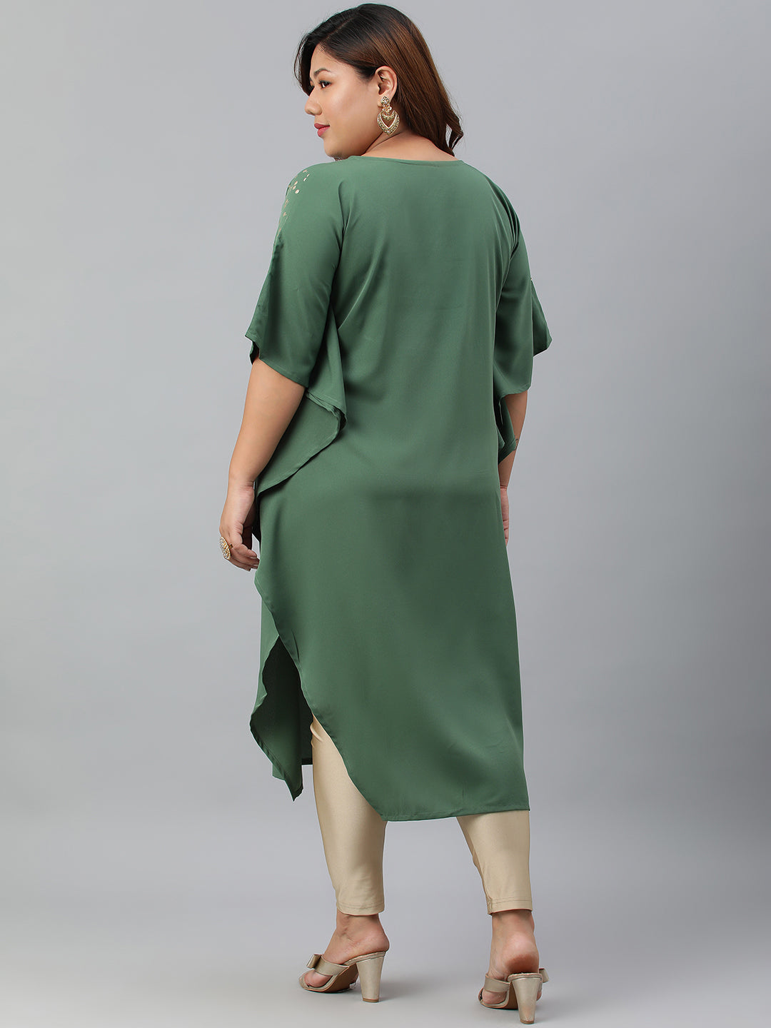Janasya Women's Green Poly Crepe Foil Print Casual Kaftan kurta 