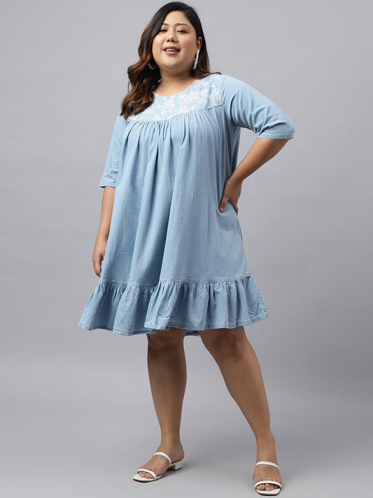 Janasya Women's Light Blue Denim Yoke Embroidered Casual Flared Western Dress 