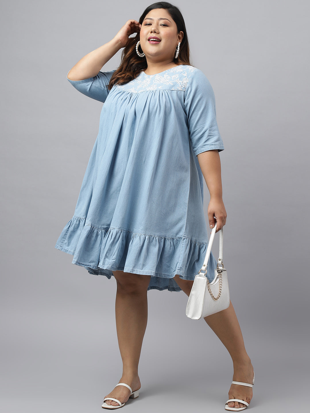 Janasya Women's Light Blue Denim Yoke Embroidered Casual Flared Western Dress 