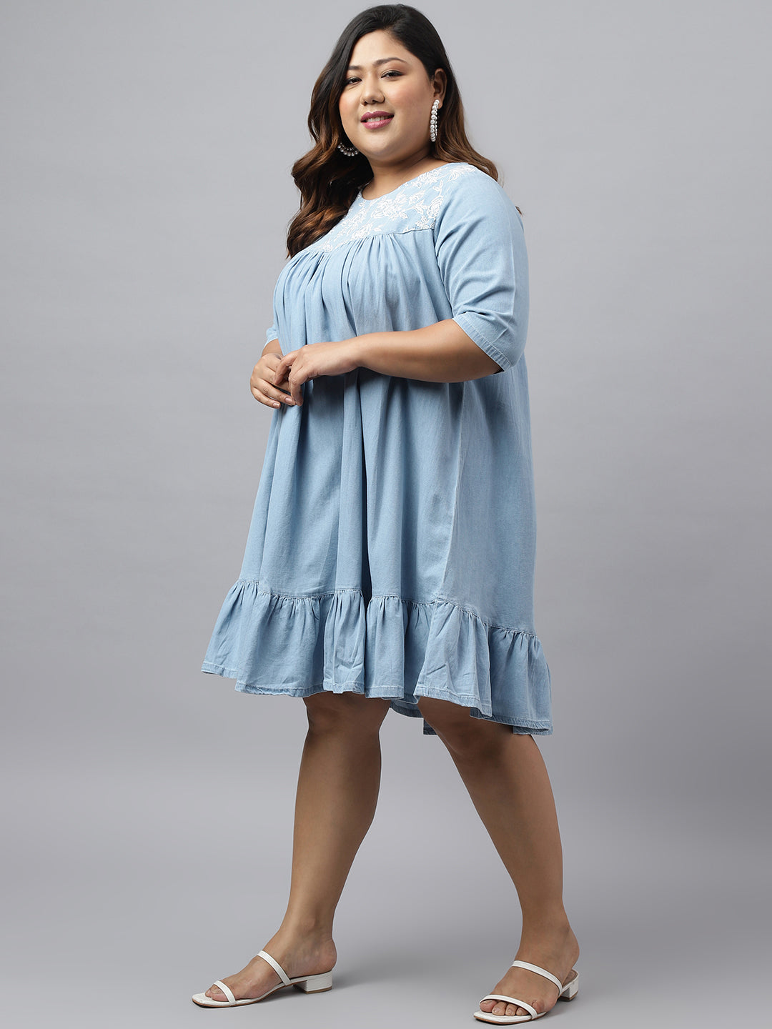 Janasya Women's Light Blue Denim Yoke Embroidered Casual Flared Western Dress 