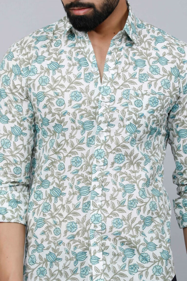Miravan Men's Spread Collar White & Green Floral Print Slim Fit Shirt 