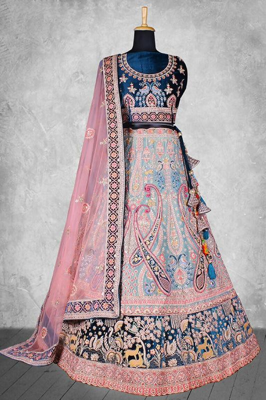Blue & Pink Velvet Thread with Hand Work Semi Stitched Lehenga Choli with Dupatta - Nimaya Lagnotsav