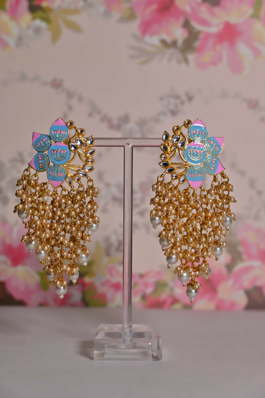 Sky Blue And Pink Ethnic Enamel Meenakari Lotus Earrings By House of Ree House of Ree