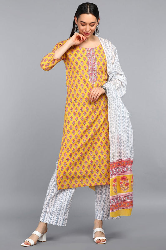 Ahika Mustard Polyester Straight Kurta Pant With Dupatta